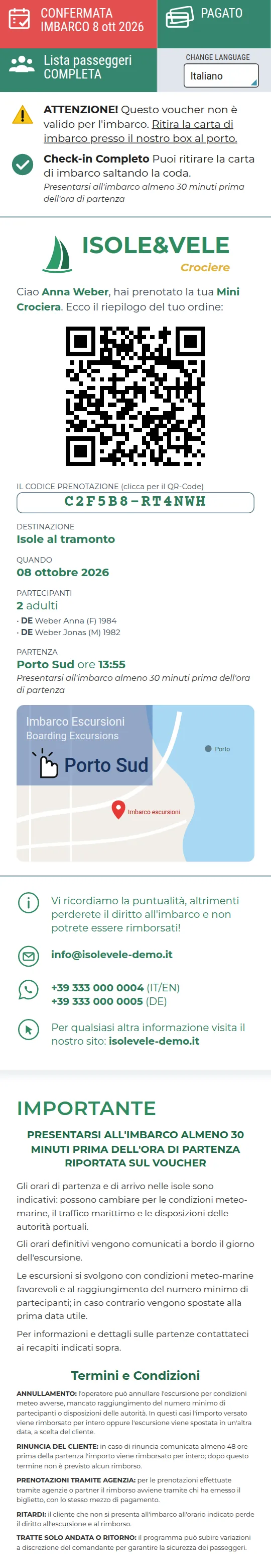 Biglietto con lista passeggeri e check-in completati: avvisi, passeggeri, mappa, informazioni importanti e termini e condizioni