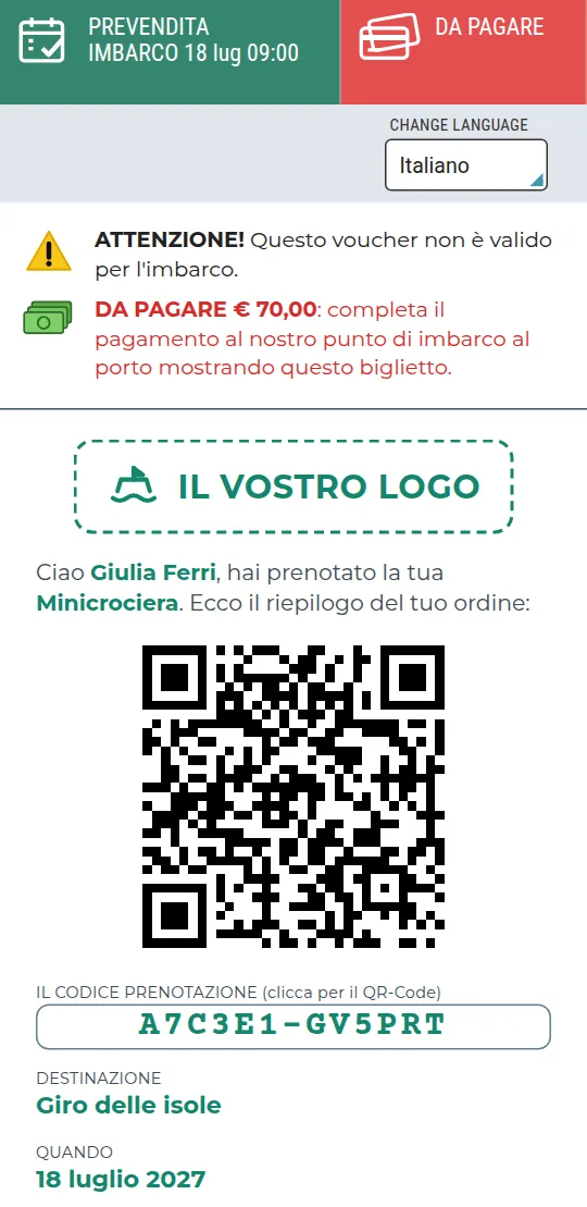 Biglietto elettronico in prevendita, con l'importo da pagare all'imbarco e il QR code