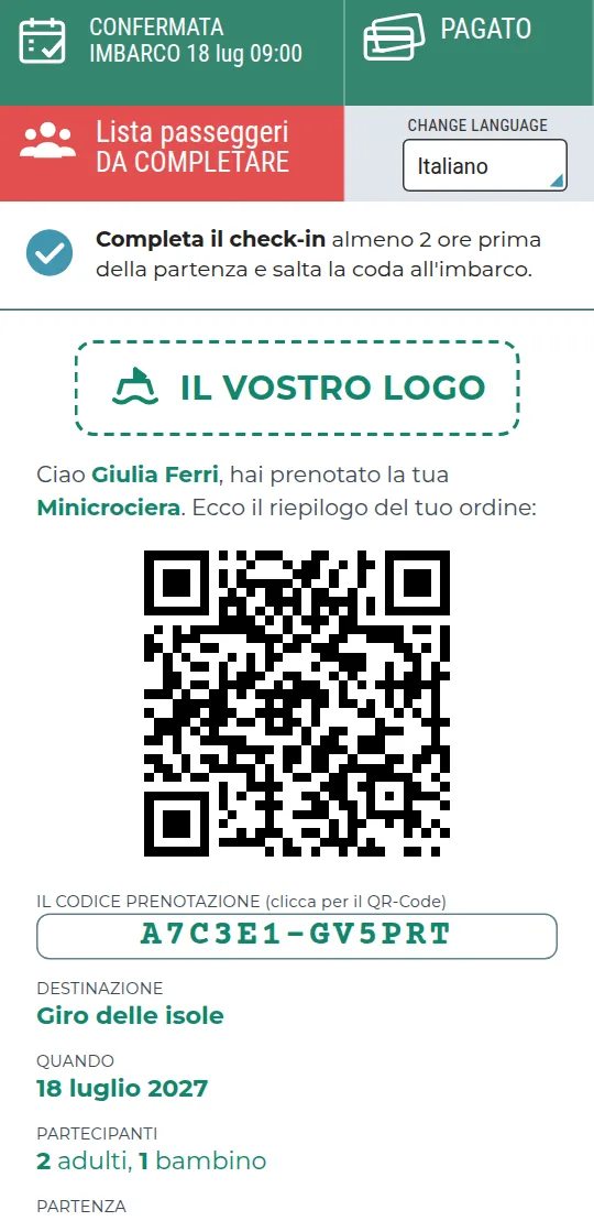 Lo stesso biglietto dopo il pagamento: confermato e pagato, con la lista passeggeri da completare