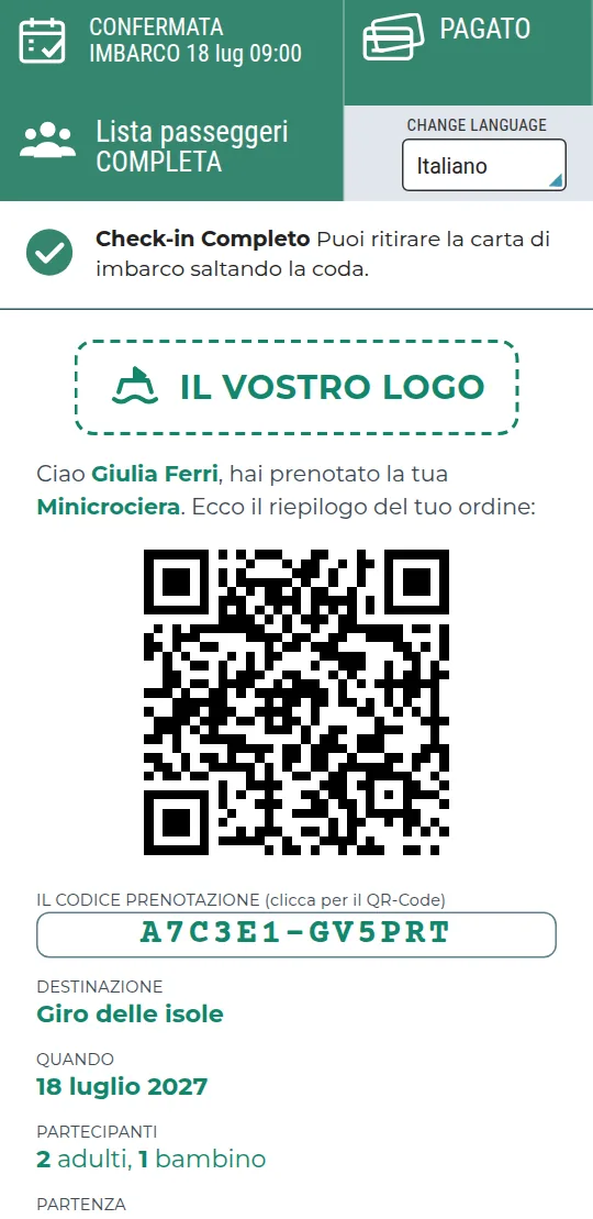 Lo stesso biglietto dopo il check-in: lista passeggeri completa e carta d'imbarco da ritirare senza coda